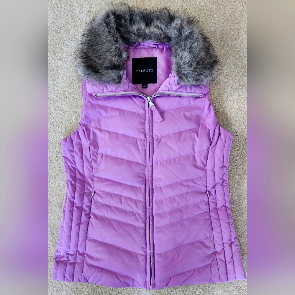 Talbots violet down vest with faux fur collar size XS
